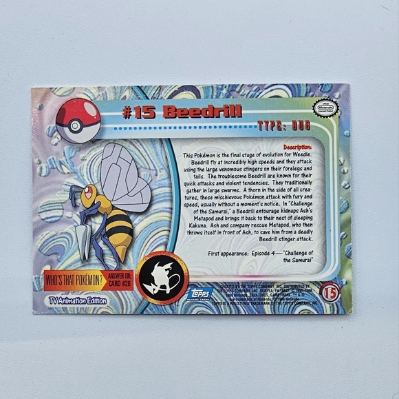 Pokemon 1999 TOPPS Beedrill #15 Foil Chrome Blue Logo TV Animation Edition Card - Picture 4 of 4
